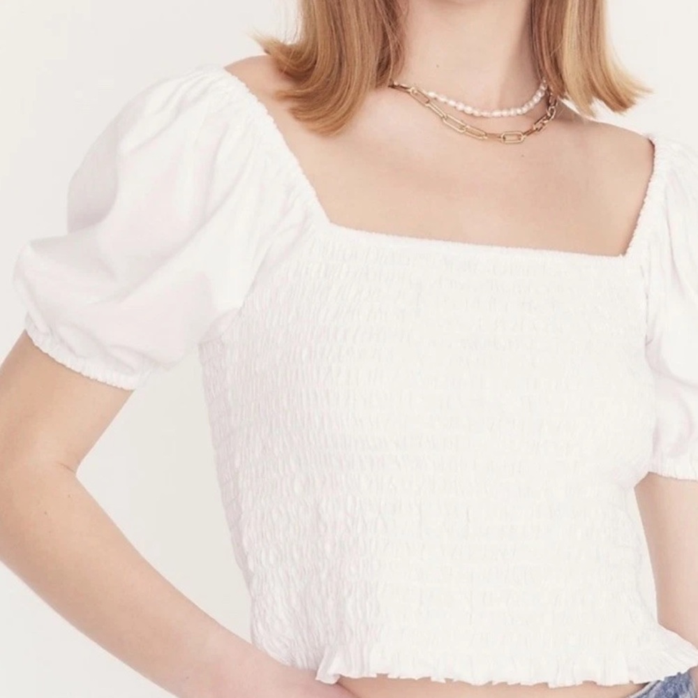 J.Crew Smocked Broken-In Jersey Cropped Top L Puff Sleeve Peasant Cottagecore